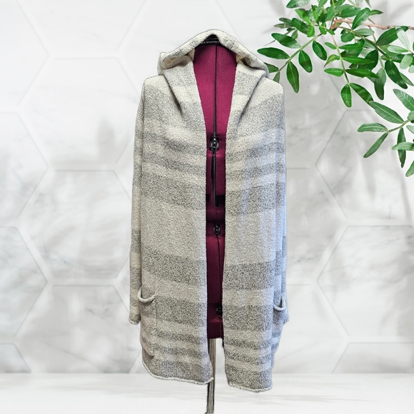 Eddie Bauer Lounge Sleepwear Cozy Hooded Open Front Cardigan Grey Stripe - Picture 4 of 16